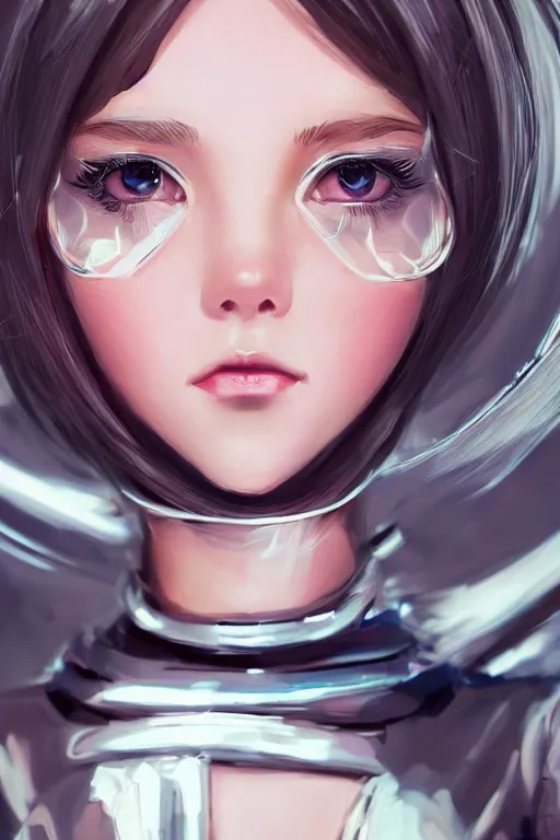 Prompt: classy elegant sophisticated very up close portrait of a cute dainty girl, cyber future jacket, big eye, fantasy art by nixeu and guweiz and ilya kuvshinov, sleek curves, intricate sharp focus, trending on artstation, weta movie still full body portrait photo, of millie bobby brown as a sad translucent plastic cyborg girl by super dollfie