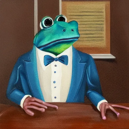 Image similar to a portrait painting of an anthropomorphic blue frog wearing a suit sitting in an office, very detailed, very intricate,