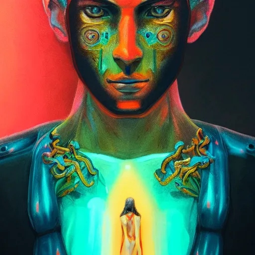 Prompt: olympian god starring into the camera, fixed eyes, flowing black coat with glowing neon orange trim, inside a museum, colorful, surreal, dramatic lighting, face, detailed, intricate, elegant, highly detailed, digital painting, artstation, chalk, concept art, smooth, sharp focus, illustration, art by sam spratt, dan mumford, artem demura and alphonse mucha