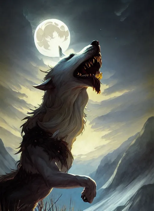 Prompt: Fenrir howling at the moon, Nordic landscape, fantasy magic, dark light night, sharp focus, digital painting, concept art, d&d, art by WLOP and Artgerm and Greg Rutkowski and Alphonse Mucha