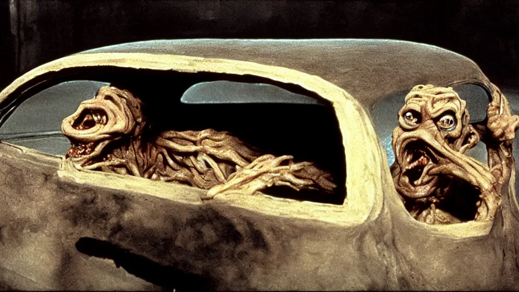 Image similar to the creature sits in a car, made of clay and oil, film still from the movie directed by David Cronenberg with art direction by Salvador Dalí, wide lens