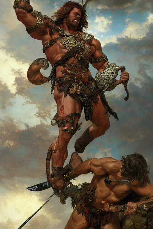 Image similar to muscular male barbarian stabbing the sky, intricate details, large sword, by Stanley Artgerm Lau, by greg rutkowski, by thomas kindkade, by alphonse mucha, loish, by norman rockwell J.