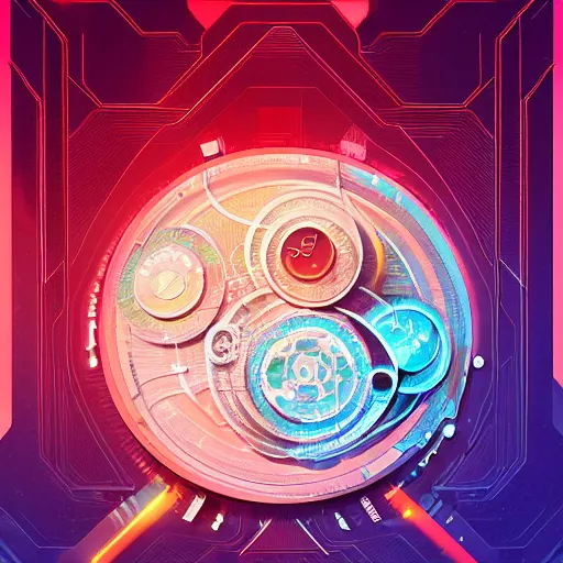 Image similar to circular futuristic and metallic token with ( ( kynthic ) ) in the center, sharp details, art style by beeple and android jones