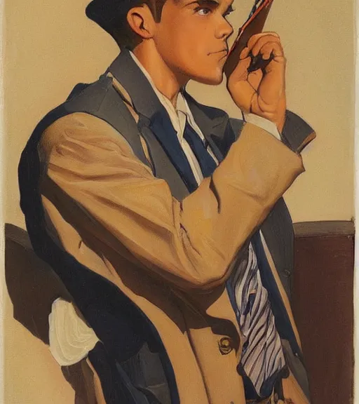 Prompt: j. c. leyendecker painting of an anime man, direct flash photography at night, film grain