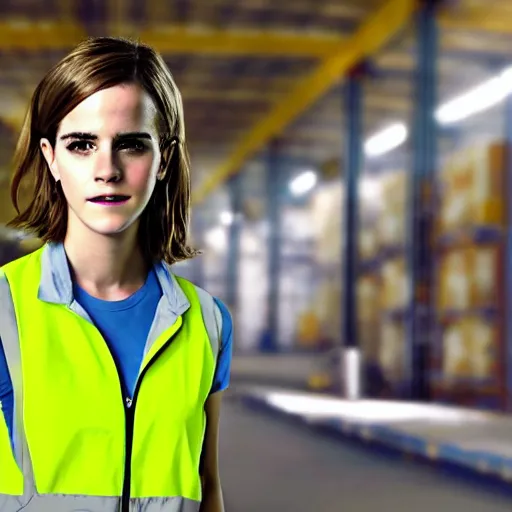 Prompt: photo, close up, emma watson in a hi vis vest, in warehouse, android cameraphone, still from industrial training video, 2 6 mm,