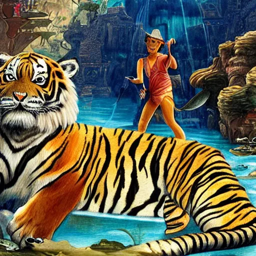 Prompt: a painting of a tiger discovering the lost city of atlantis