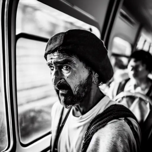 Image similar to a very very confused and scared man riding a suburban train for the first time, 8 5 mm photograph