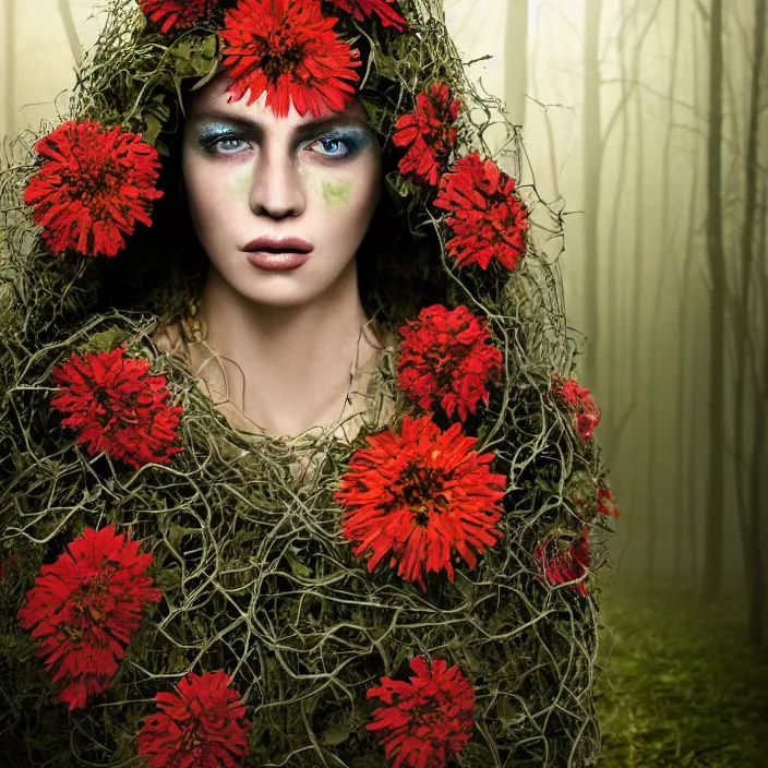 Image similar to closeup portrait of a woman wearing a hooded cloak made of zinnias and barbed wire, in a dark forest, by David LaChapelle, natural light, detailed face, CANON Eos C300, ƒ1.8, 35mm, 8K, medium-format print