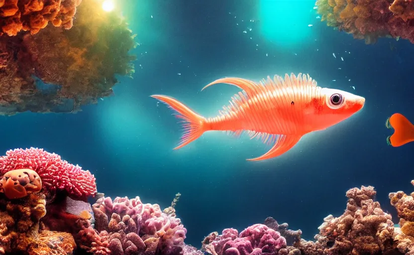 Image similar to photo of an extremely cute alien fish swimming an alien habitable underwater planet, coral reefs, dream-like atmosphere, water, plants, peaceful, serenity, calm ocean, tansparent water, reefs, fish, coral, inner peace, awareness, silence, nature, evolution, 8K,