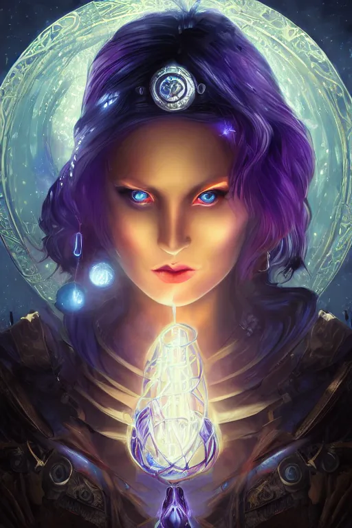 Image similar to Path of Exile, Maven, blue eyes female image with silver purple hair among colourful lights, dark blue spheres fly around, Anachronism, painting, dark fantasy, steampunk, 4k