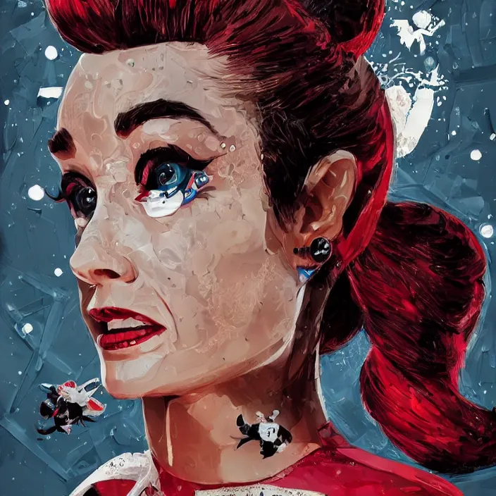 Image similar to portrait of Audrey Hepburn as a harley quinn. intricate abstract. intricate artwork. by Tooth Wu, wlop, beeple, dan mumford. octane render, trending on artstation, greg rutkowski very coherent symmetrical artwork. cinematic, hyper realism, high detail, octane render, 8k, iridescent accents