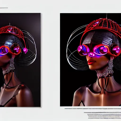 Image similar to portrait of an absurdly beautiful, graceful, sophisticated, fashionable black cyberpunk mechanoid gravure idol, hyperdetailed illustration by irakli nadar, adut akech, matt wisniewski style, intricate linework, dark black porcelain skin, jellyfish headdress, unreal engine 5 highly rendered, global illumination, red light, detailed and intricate environment