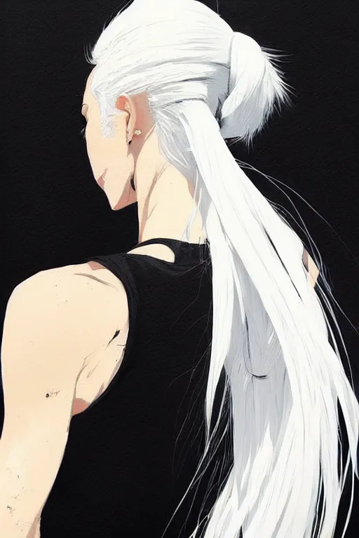 Image similar to a ultradetailed beautiful painting of a stylish woman in with white hair in a ponytail, she is wearing a black tank top, by conrad roset, greg rutkowski and makoto shinkai trending on artstation