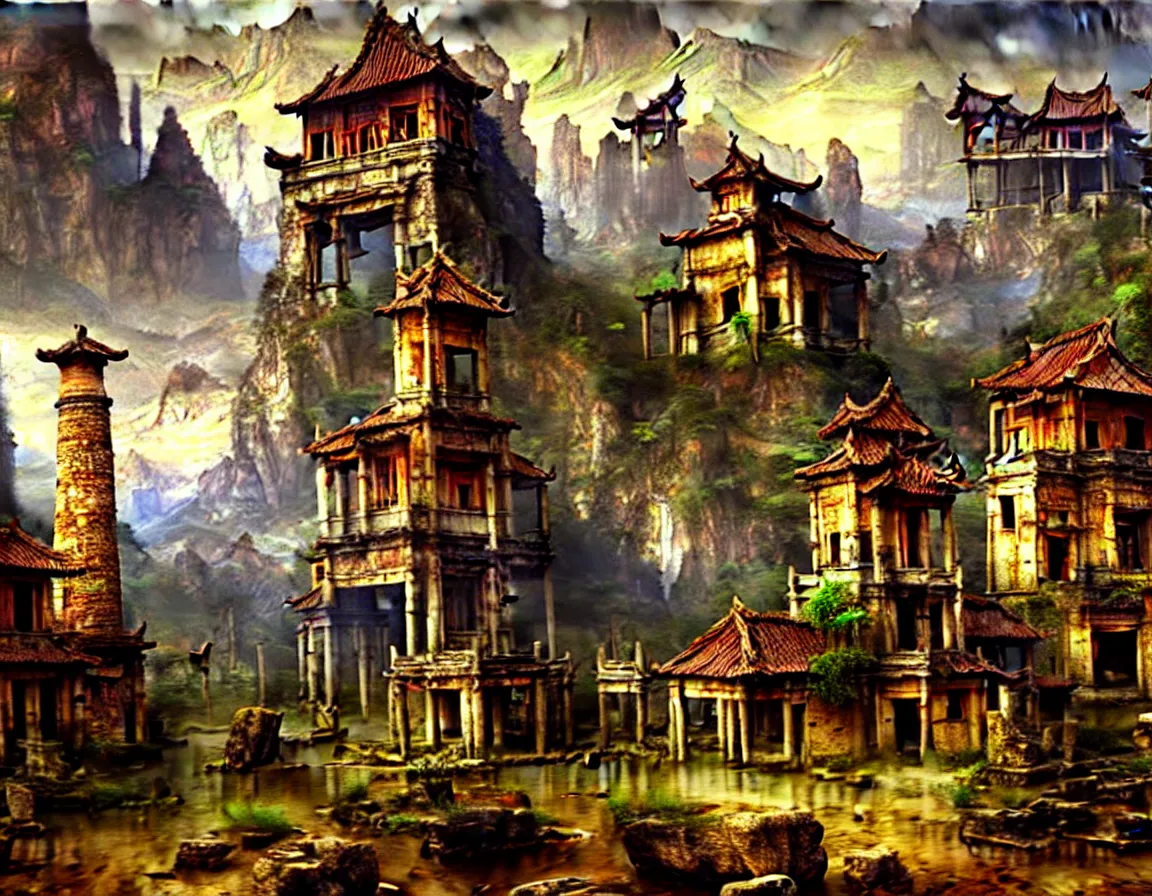 Image similar to hyper realistic detailed oil painting of ancient forgotten town of shangrila, 8 k ultra hd, sharp focus, by jan matejko