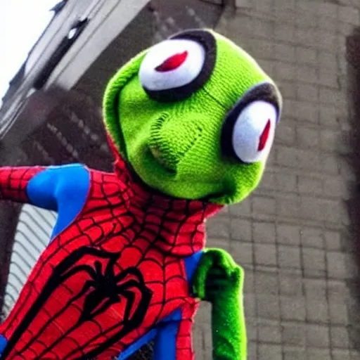 Prompt: Kermit dressed as spiderman.