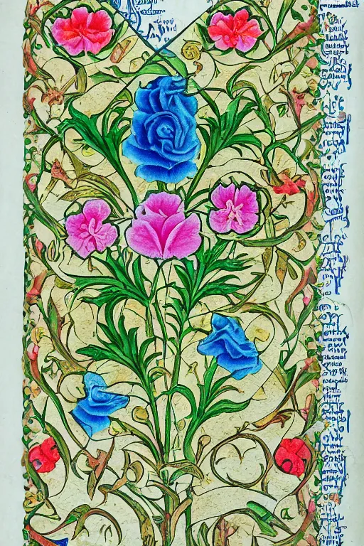 Prompt: vaporwave botanical medieval illuminated manuscript