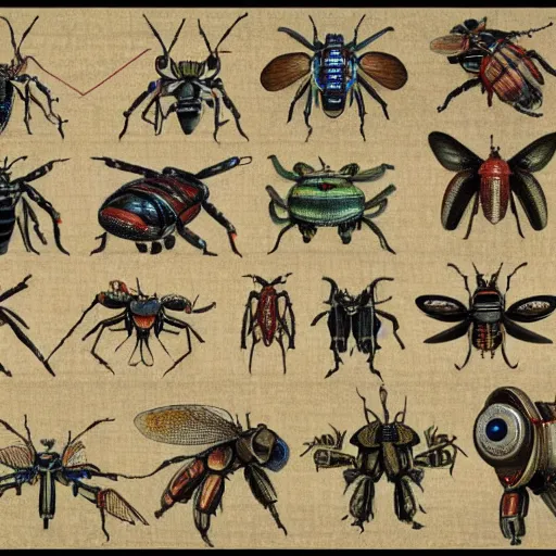 Image similar to detailed color technical schematics of robotic insectoids by da vinci