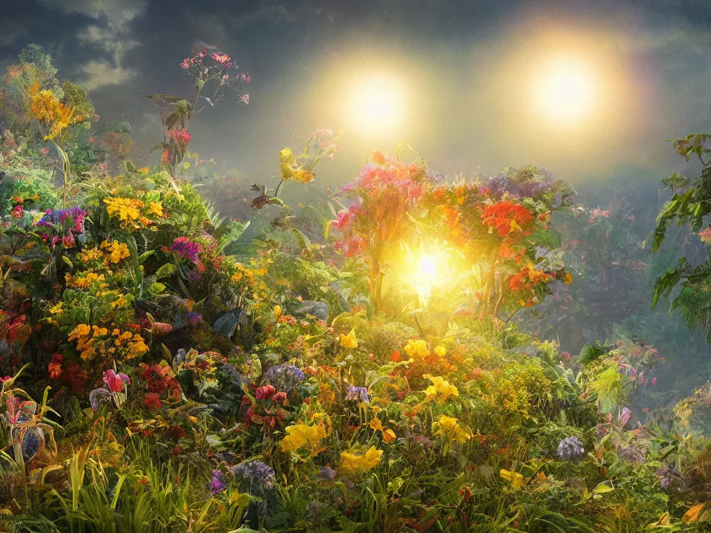 Image similar to sunlight study, the universe is a spheroid region of kauai wildflower undergrowth, art nouveau, by jan davidz de heem and ( ( ( ( ( lisa frank ) ) ) ) ), 8 k, sharp focus, octane render