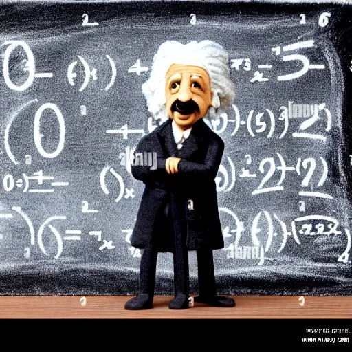 Image similar to claymation miniature scene of albert einstein standing in front of miniature blackboard with lots of mathematical formulas chalked on