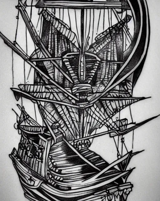 Image similar to A tattoo design sketch of a realistic pirate ship, on paper, black and white, highly detailed, realistic tattoo, trending on pinterest