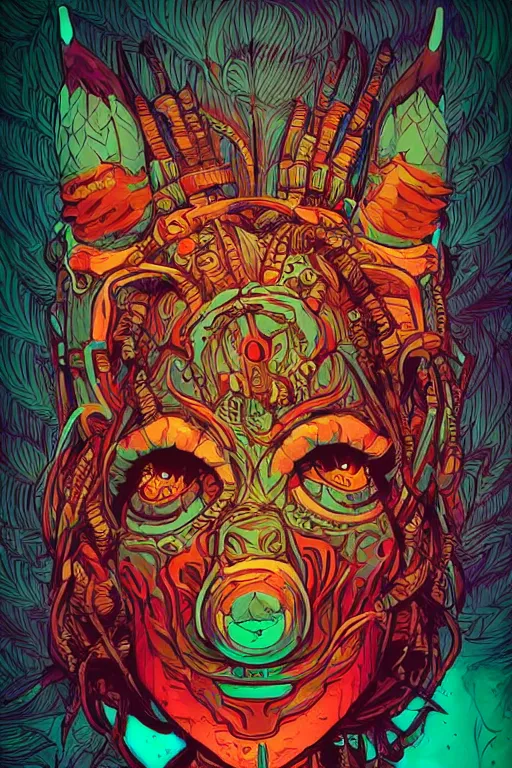 Image similar to totem animal tribal chaman vodoo mask feather gemstone plant wood rock video game illustration vivid color borderlands by josan gonzales and dan mumford radiating a glowing aura