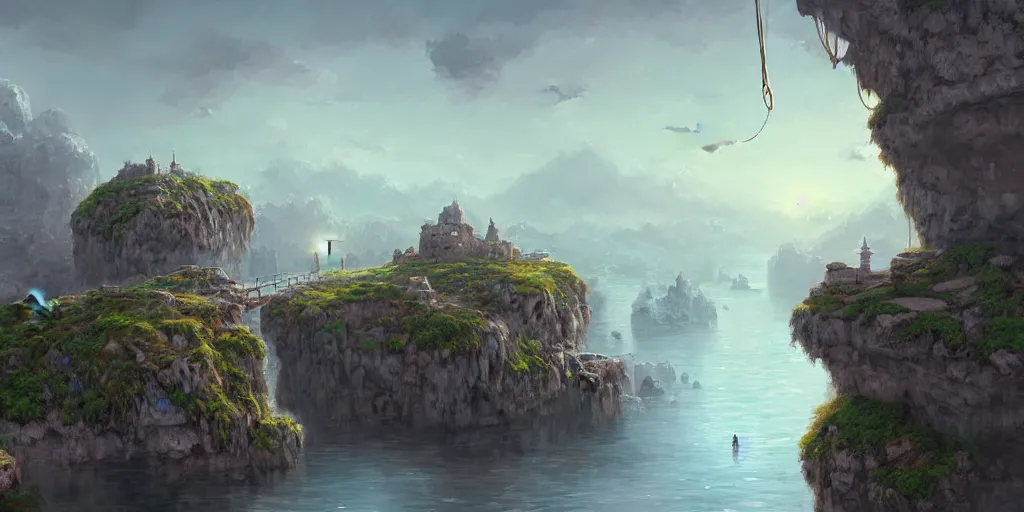 Prompt: peaceful village built on floating rocks in the sky, rope bridges, birds in background, high fantasy, detailed, digital painting, realistic, landscape by jonathan berube