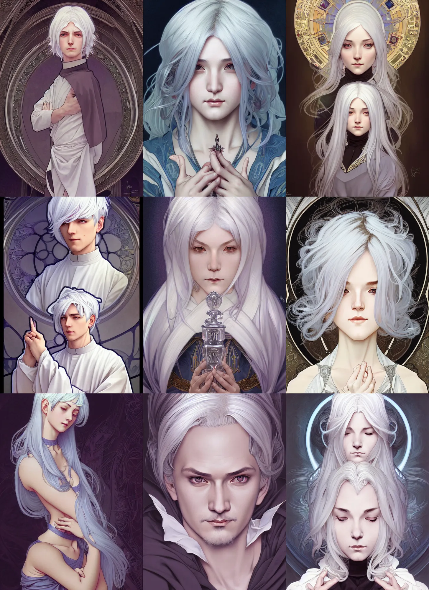 Prompt: a beautiful priest with silver hair, highly detailed, digital painting, smooth, sharp focus, illustration, art by artgerm and alphonse mucha, high definition digital art, in the style of ross tran and ilya kuvshinov