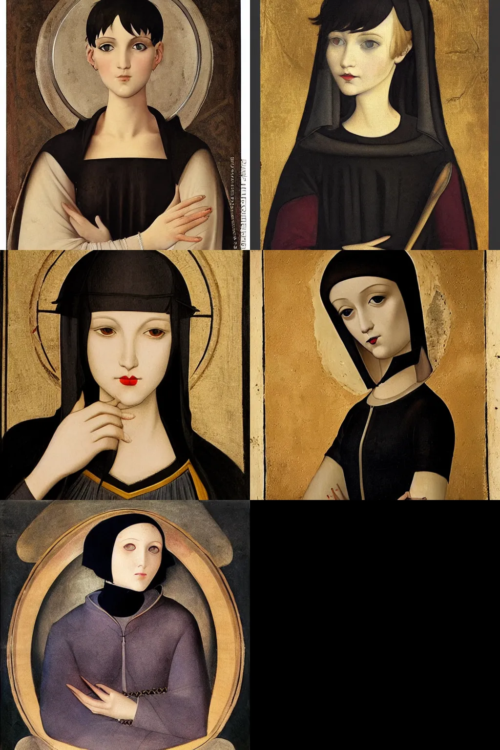 Prompt: goth painted by fra angelico. high - quality character portrait. short dark brown messy pixie haircut, large black eyes, slightly rounded face, pointed chin, small nose, black tank top, black leather jacket, black knee - length skirt, black choker.
