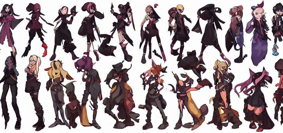 Image similar to character sheet concept art of female video game characters head designs, disgaea, flcl, hearthstone, unique silhouettes, cute casual streetwear, by marc brunet and artgerm