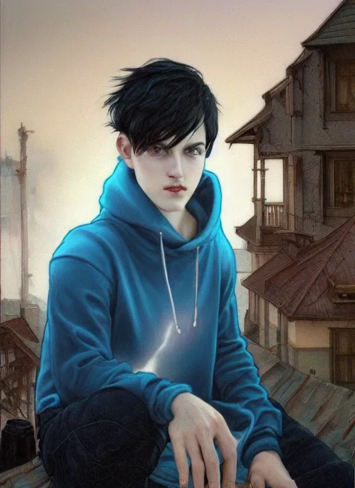 Prompt: handsome young man with short black hair, glowing light blue eyes, pale skin, crouching on the roof of a house, in a neighbourhood, at night, wearing jeans and a black hoodie, realistic painting by ross tran and gerald brom and alphonse mucha, trending on artstation