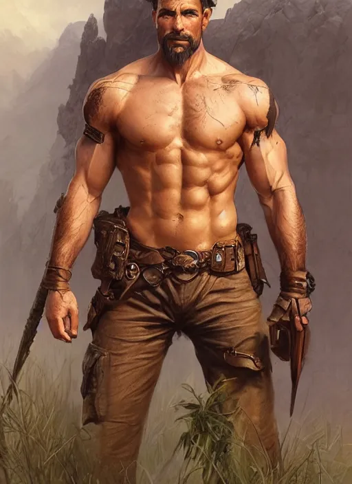 Image similar to Rugged ranger, male, man, D&D, muscular, bare thighs, fantasy, intricate, elegant, highly detailed, digital painting, artstation, concept art, smooth, sharp focus, illustration, art by artgerm and greg rutkowski and alphonse mucha