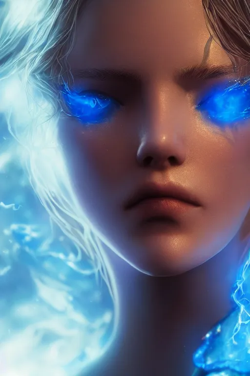 Image similar to a fancy close up portrait of a beautiful light mage covered in deep blue aura by Greg Rutkowski, Sung Choi, Mitchell Mohrhauser, Maciej Kuciara, Johnson Ting, Maxim Verehin, Peter Konig, final fantasy , mythical, 8k photorealistic, cinematic lighting, HD, high details, atmospheric,