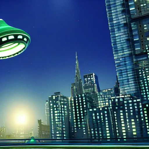 Image similar to photorealistic 3d render of a flying saucer flying over manhattan studio lighting, green background, in the style of pixar, highly detailed, sharp focus, bokeh, depth of field, 16k resolution, Unreal Engine 5, coherent, cinematic lighting, beautiful painting, from behind with halo effect