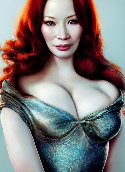 Image similar to photo of a gorgeous christina hendricks / lucy liu hybrid in the style of stefan kostic, realistic, professionally, professionally color graded, half body shot, sharp focus, k high definition, insanely detailed, intricate, elegant, art by stanley lau and artgerm