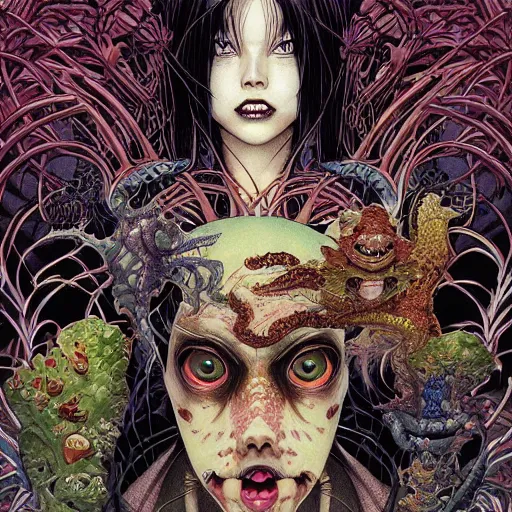 Image similar to portrait of crazy dark girl with reptiles, symmetrical, by yoichi hatakenaka, masamune shirow, josan gonzales and dan mumford, ayami kojima, takato yamamoto, barclay shaw, karol bak, yukito kishiro