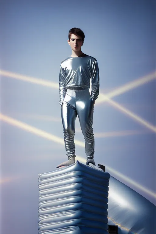 Image similar to un ultra high definition studio quality photographic art portrait of a young man standing on the rooftop of a british apartment building wearing soft baggy inflatable padded silver iridescent pearlescent clothing. three point light. extremely detailed. golden ratio, ray tracing, volumetric light, shallow depth of field. set dressed.