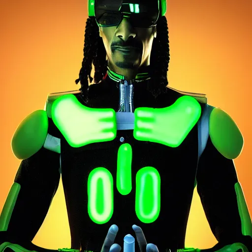 Image similar to Snoop Dogg as a cyborg cyberpunk ninja, skintight black uniform, neon green bulletproof vest, Leather gloves, Robot arm, cigarette in his mouth. and wielding a giant, smoking, blunt, as a weapon, emerging from a cloud of smoke. high quality, unreal engine 5 render, high quality render, octane render, photo realistic, ultra detail, cinematic lighting, realistic, cyberpunk, Snoop Dogg, Snoop Dogg rapper