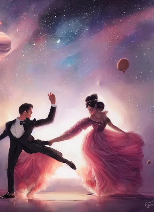 Prompt: an elegant couple, a man and a woman, dance together at a space themed ball. beautiful highly detailed faces. painting by artgerm and greg rutkowski and magali villanueve.