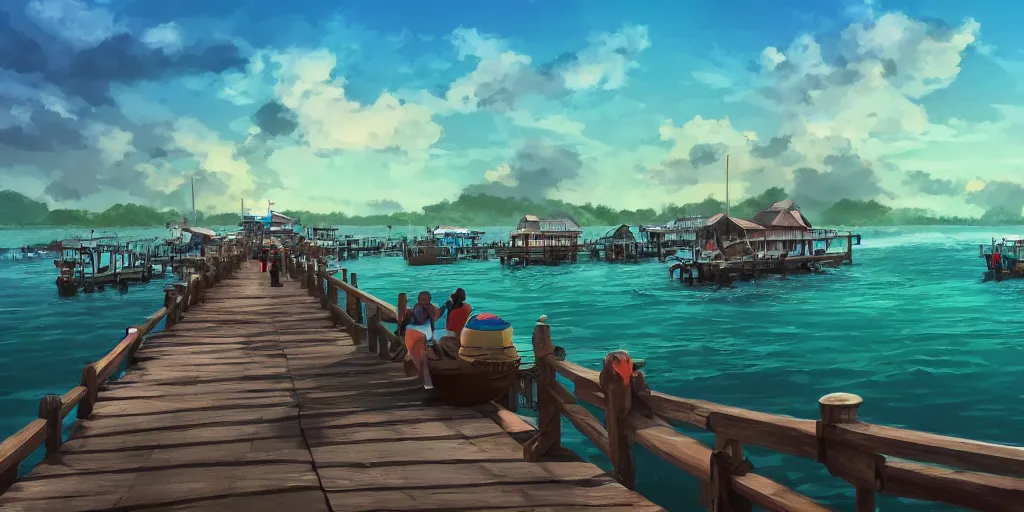 Image similar to pulau indah jetty fishing town in the morning, detailed matte painting, low angle view, telephoto lens, bokeh, studio ghibli, artstation