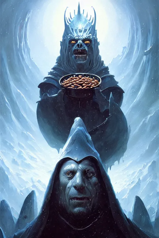 Image similar to hieronymus bosch, greg rutkowski, anna podedworna, painting of arthas menethil the lich king eating baked beans