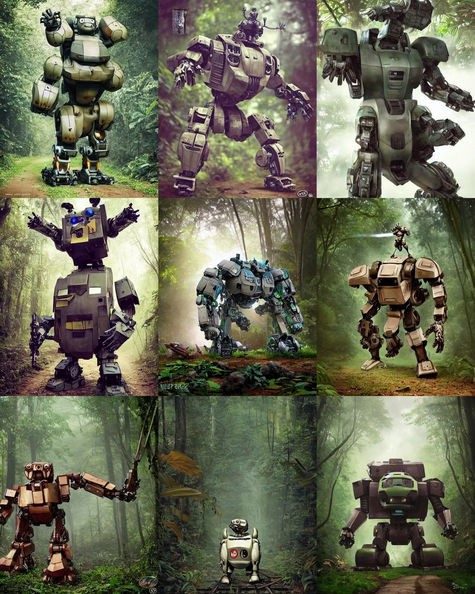 Prompt: epic battle chase pose !!!giant oversized battle squirell robot chubby fat mech with big jaw as battle mecha robot weapon squirell train , in jungle forest !!! , full body , Cinematic focus, Polaroid photo, vintage , neutral dull colors, foggy mist ,by oleg oprisco , by victor enrich , by gregory crewdson , by discovery channel