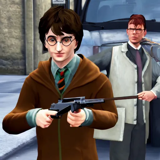 Prompt: harry potter robbing a bank, holding rifle in style of gta v grand theft auto