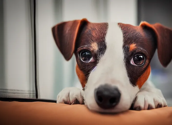 Image similar to photography of a Jack Russel . watching outside the window. on a bed. in a vintage room full of vinyls and posters.,volumetric light, photorealistic,, award winning photo, 100mm, sharp, high res