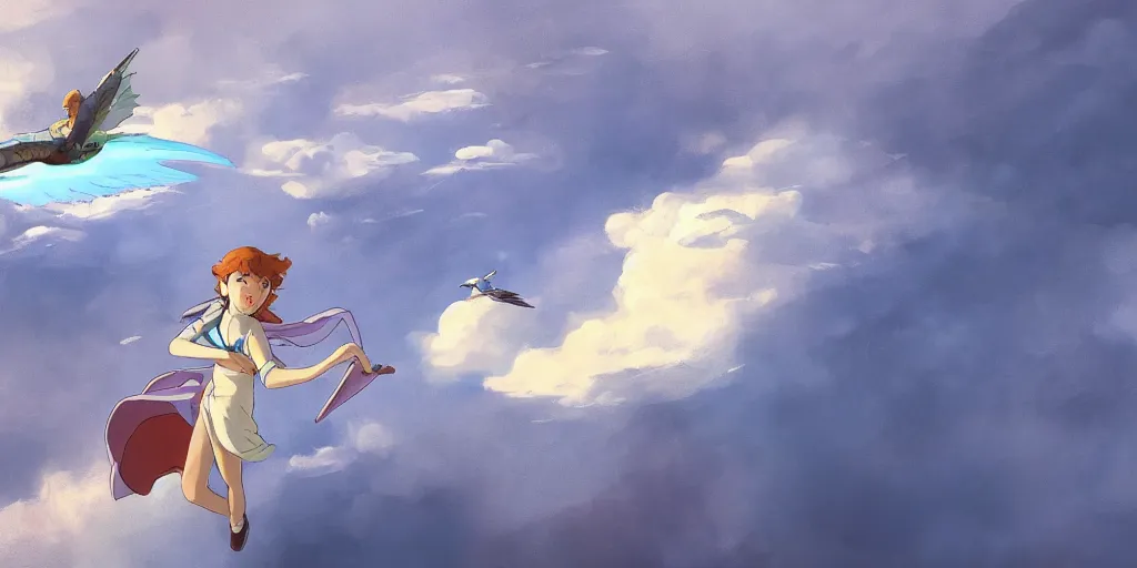 Prompt: A girl flying with a bird-shaped white glider over the clowds, Nausicaa of the Valley of the Wind, Miyazaki Hayao, ghibli style, highly detailed, digital painting, concept art, sharp focus, illustration