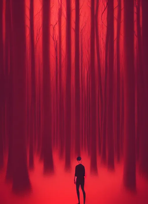 Image similar to red forest liminal space, night, artgerm, rutkowski, tooth wu, beeple, and intricate