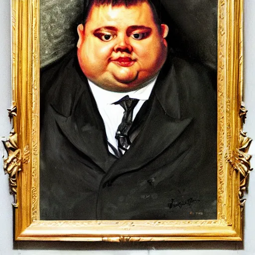 Image similar to highly detailed portrait of a grossly obese flamboyant man who is shaped like a pear artstation, 8 k, sfx, john singer sargent.