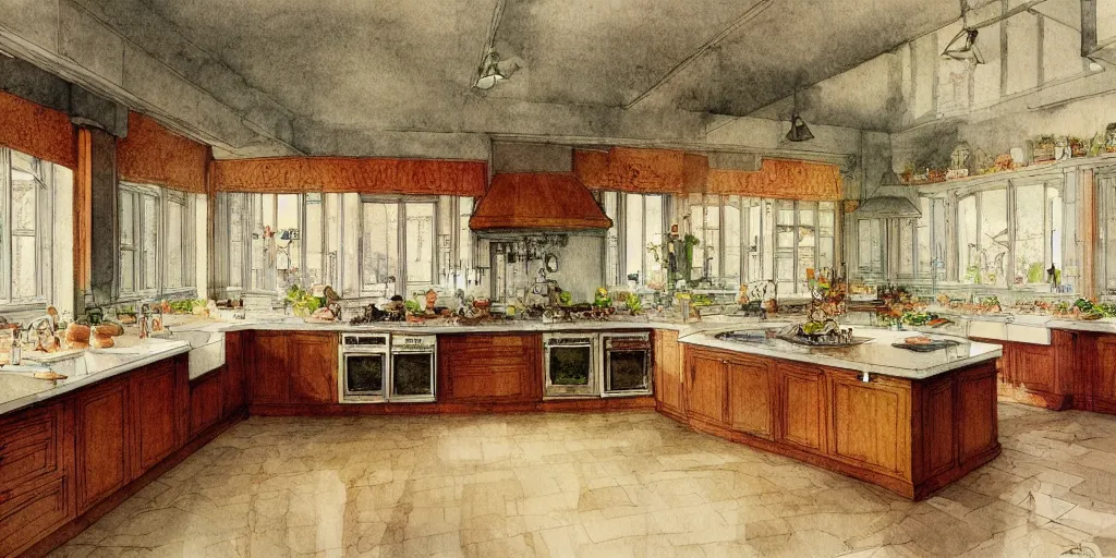 Prompt: a hiper intricate watercolor of a beatiful modern kitchen, extremely detailed, sharp focus, wide view, detailed rought paper, digital illustration, colorfull, by william turner art, by greg rutowski, by carl larson, by edmund dulac