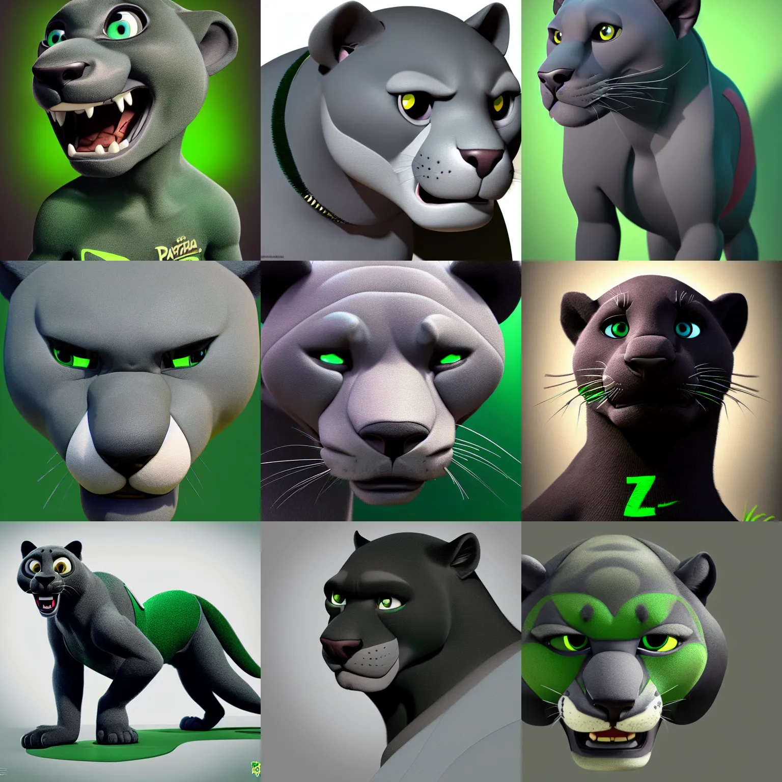 Prompt: grey anthropomorph panther with green and black hair in zoomania, artstation, hyperrealistic, pixar, disney