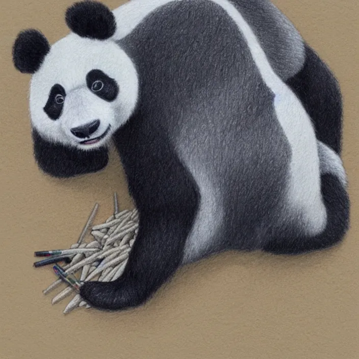 Image similar to isometric color pencil of a panda, i'm the style of spirited away