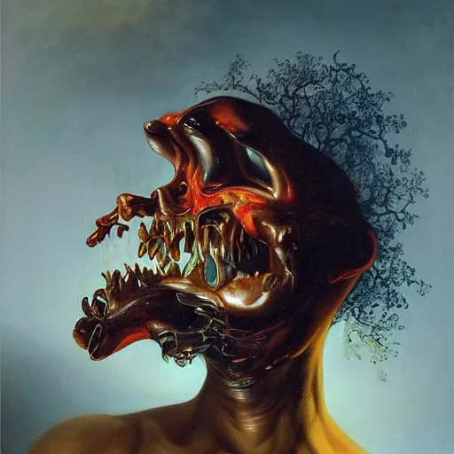 Image similar to refined gorgeous colorful blended oil painting with black background by christian rex van minnen rachel ruysch dali todd schorr of a chiaroscuro portrait of an extremely bizarre disturbing mutated man with shiny skin acne intense chrome reflections chiaroscuro cast shadows obscuring features dramatic lighting perfect composition masterpiece